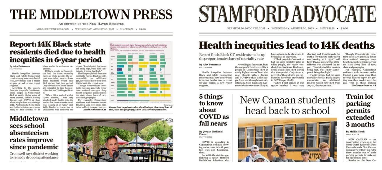 datahaven health equity on 083023 front pages in Connecticut