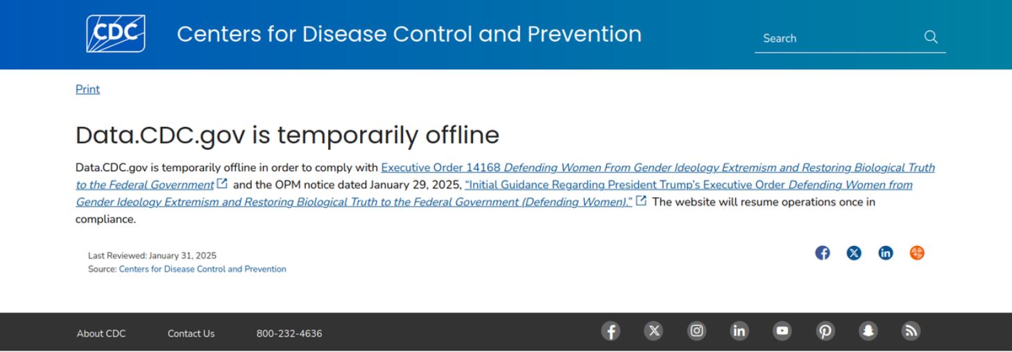 Screenshot of CDC website from January 31 940pm