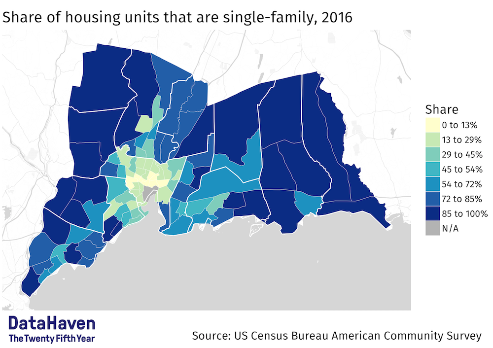 DataHaven Map of CT data: Share of housing units single family in Greater New Haven area DataHaven Map: Share of housing units that are single family in CT