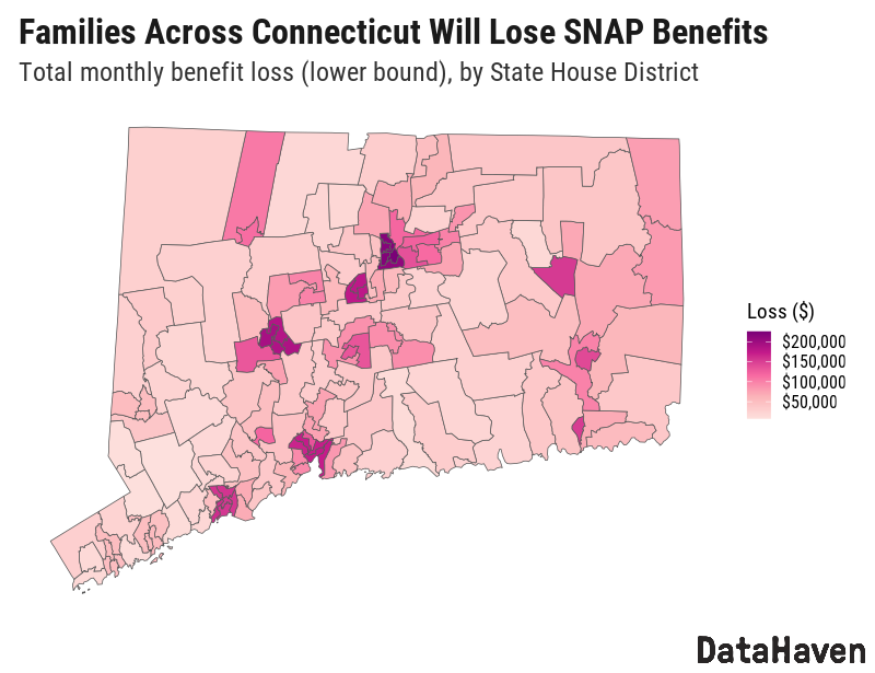 Connecticut estimated SNAP losses by State House District DataHaven ct data collective loss